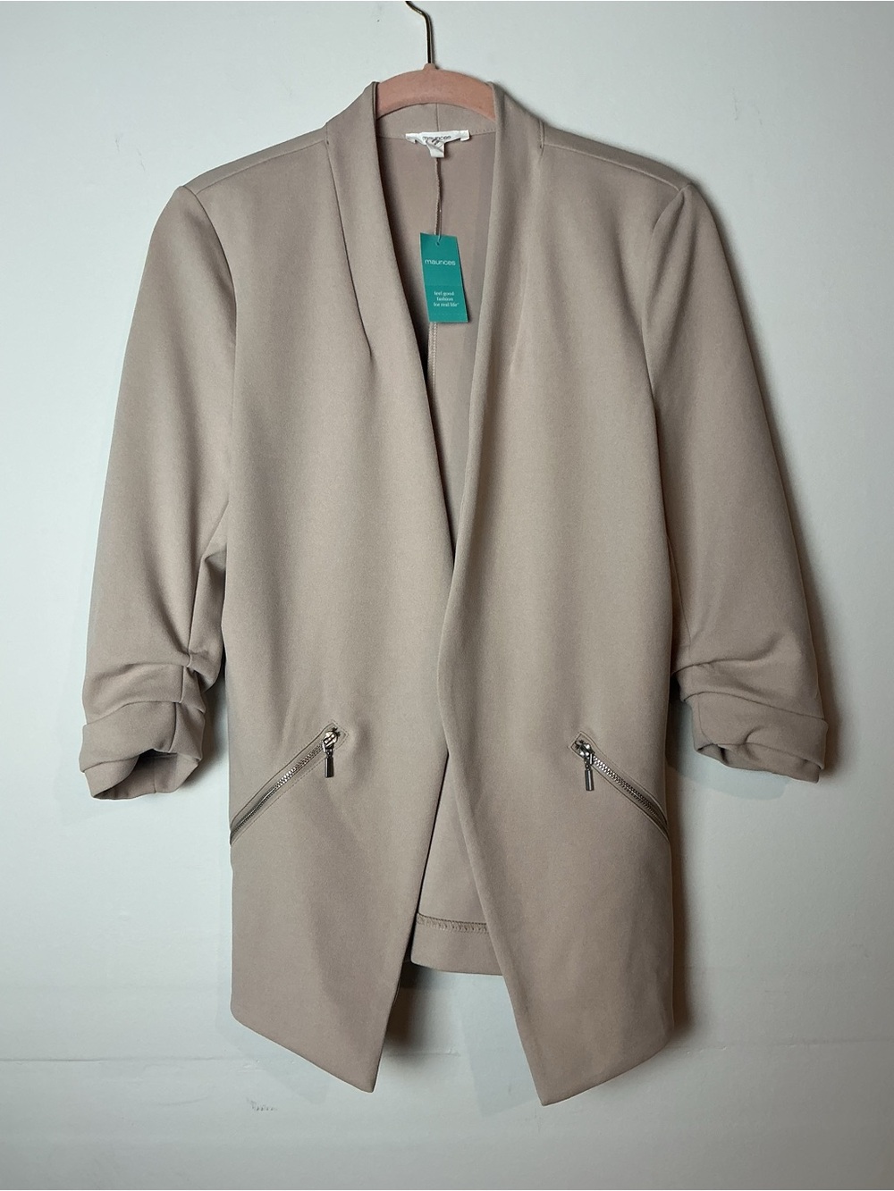 NWT Maurice’s Open Front Blazer Ruched Sleeves Taupe Workwear Size S
